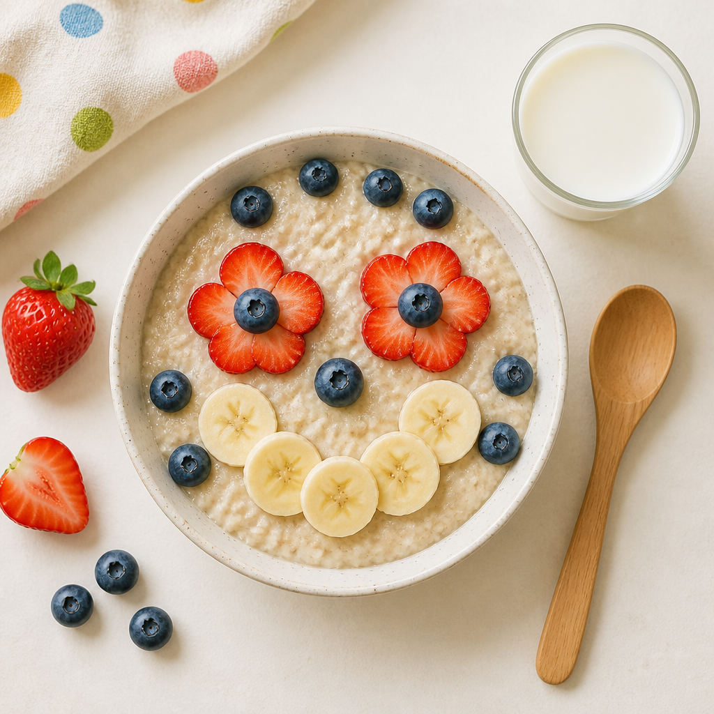 Colourful oatmeal bowl with berries and banana