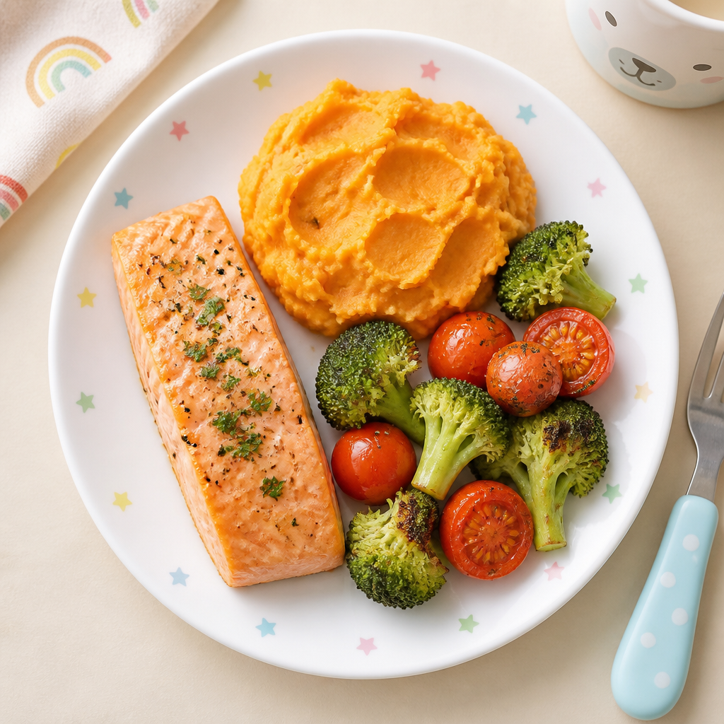 Baked salmon with sweet potato and broccoli
